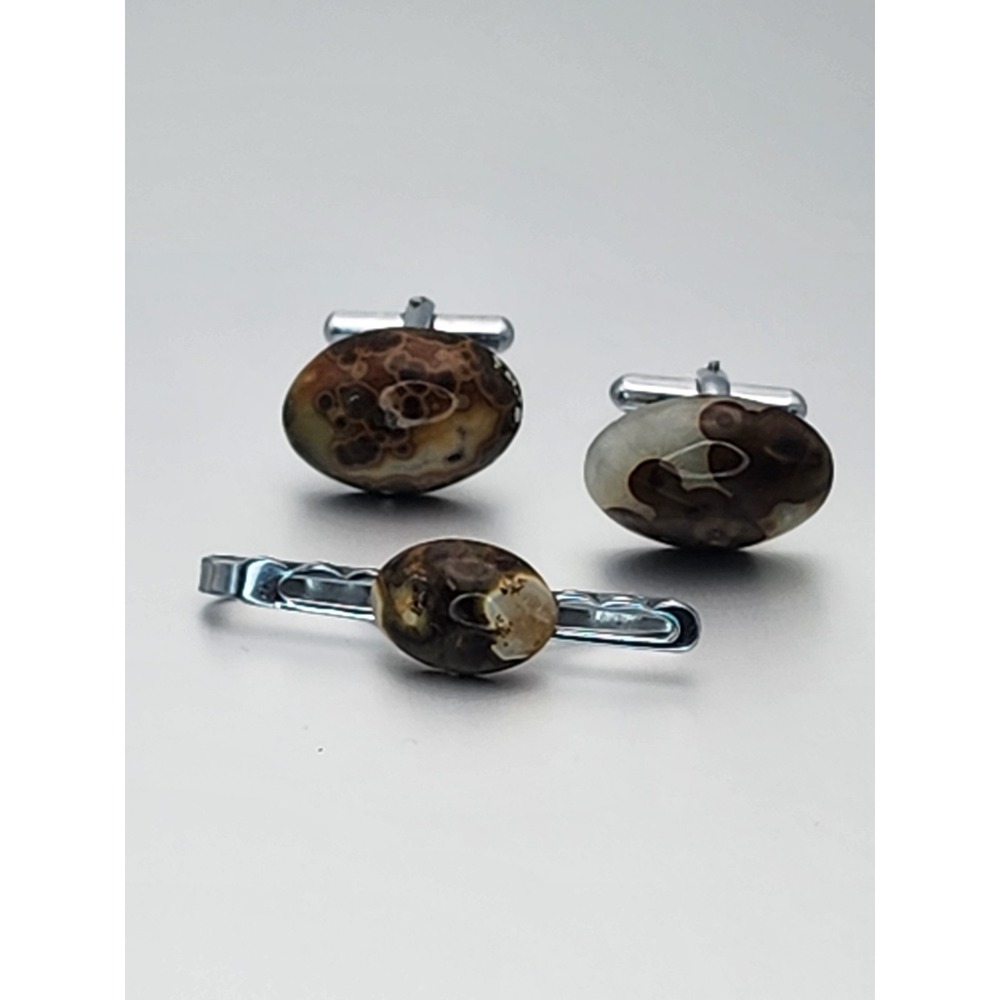 Vtg AGATE W/ FOSSILS‎ Cabochon Men's Tie Bar Clip & Cufflinks Set FREE $HIPPING!